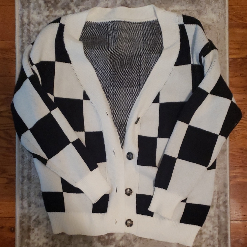 Black and White Checkered Woman's Cardigan Sweater